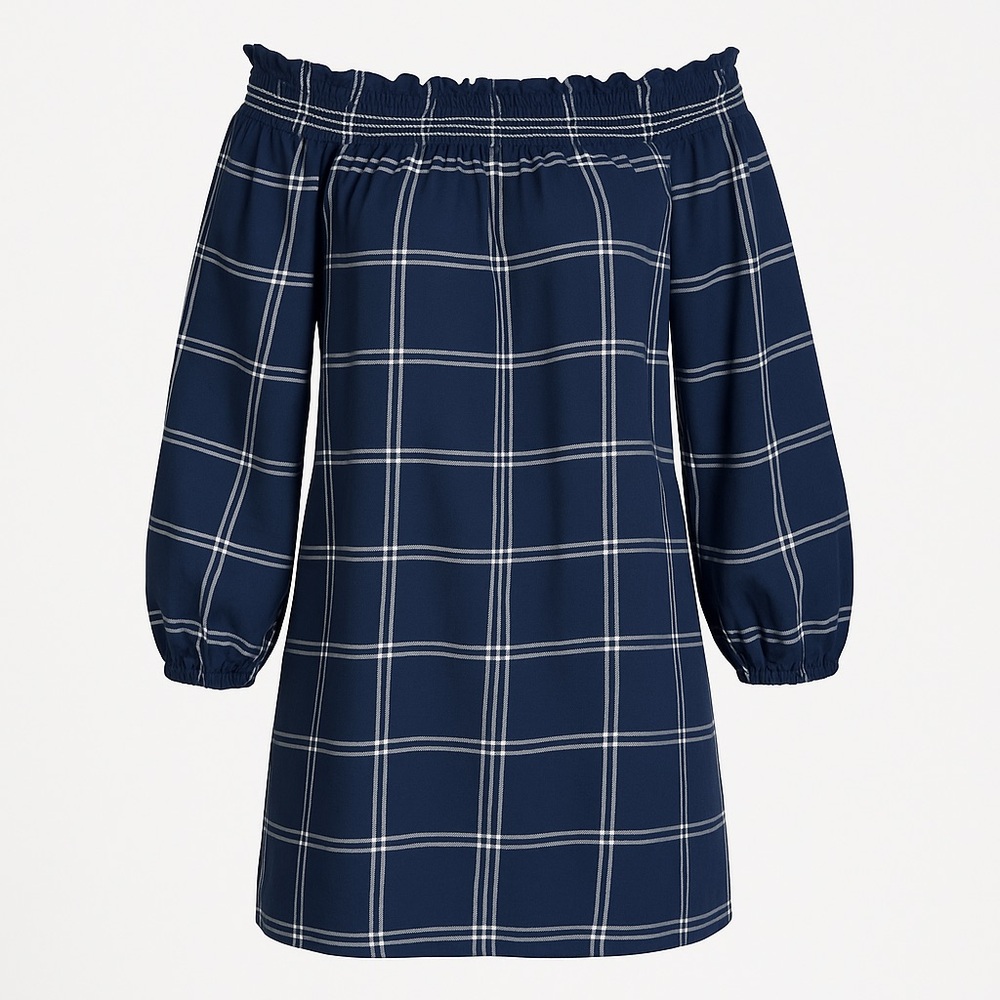 Abercrombie & Fitch Off Shoulder Plaid Dress Navy White‎ – Women’s Medium